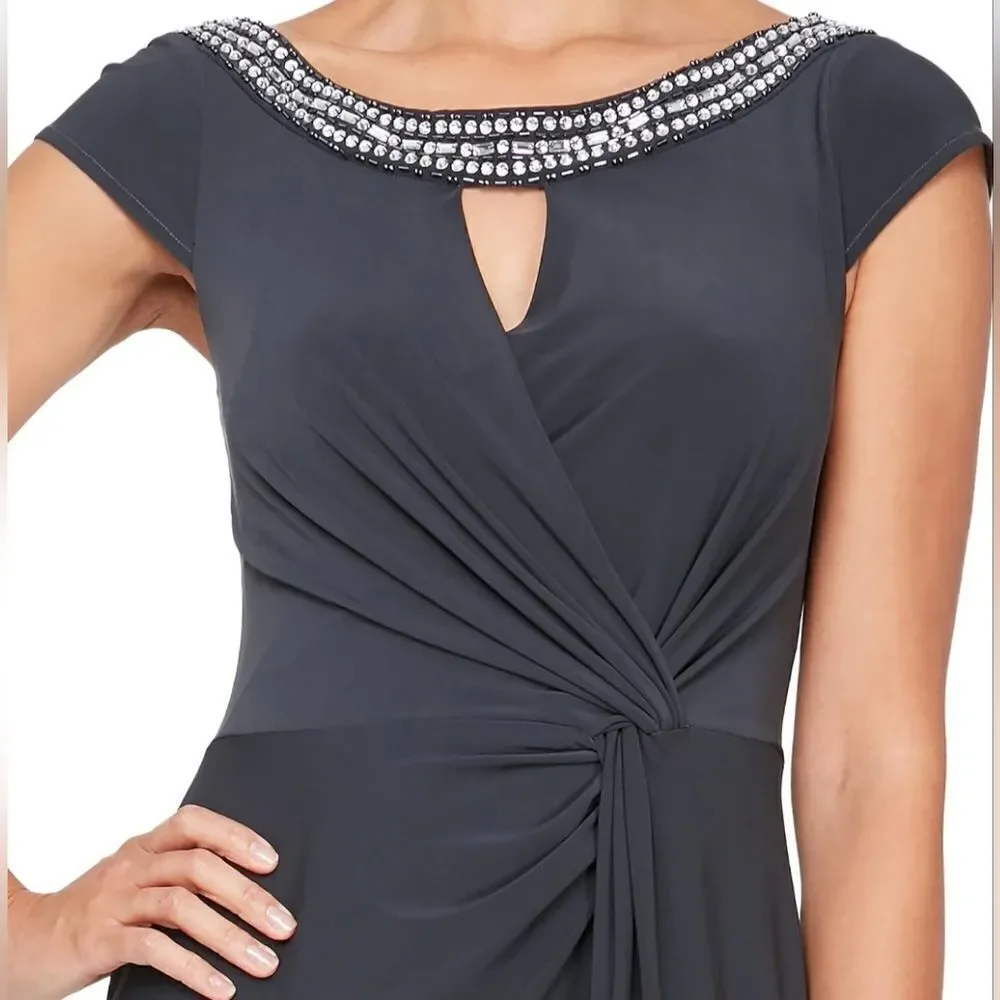Alex Evenings Embellished Neck Cap Sleeve Column Gown NWT size 10 Charcoal Gray